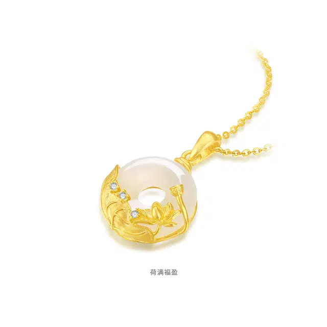 【荷满福盈】 周大生 福运平安扣纯银镶玉锁骨链 小众新中式招财纳福莲花莲蓬气质款显白 清冷感如意顺遂颈链可调节 #好运 玉髓 项链 女款