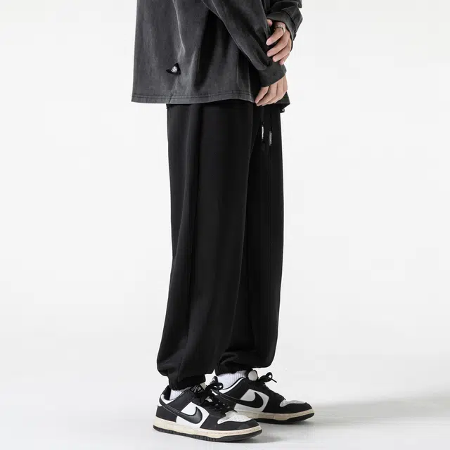 真维斯 美式复古纯色基础款松紧裤腰抽绳休闲宽松垂感百搭薄款凉感束脚高街学院风针织运动裤 男女同款