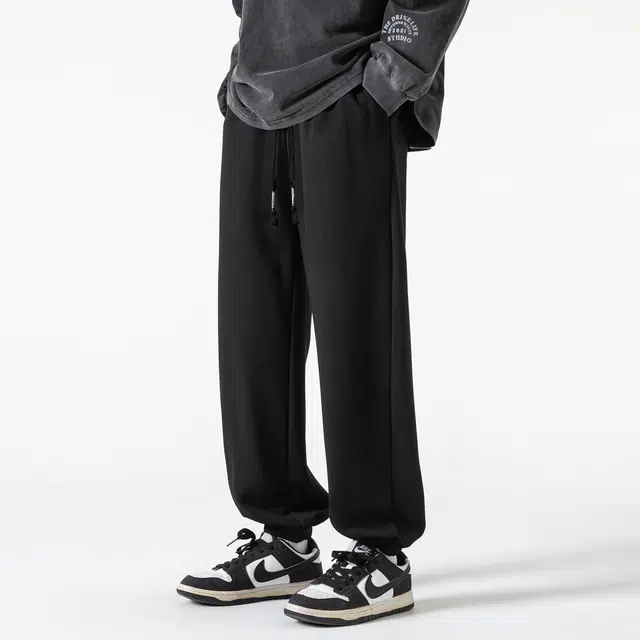 真维斯 美式复古纯色基础款松紧裤腰抽绳休闲宽松垂感百搭薄款凉感束脚高街学院风针织运动裤 男女同款