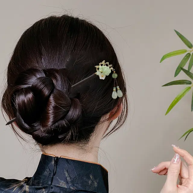 贯古今 夏季高级感小仙女气质新中式流苏超仙桃花步摇木簪古风旗袍汉服盘 木制 发簪 女款