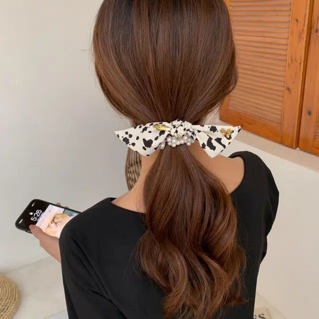 贯古今 碎花飘带蝴蝶结头饰甜美气质珍珠绑发女发带扎头皮筋头绳发饰 布艺 发圈 女款