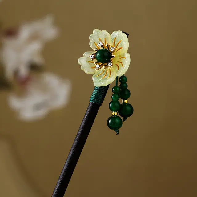 贯古今 复古典雅花朵古风步摇流苏簪子后脑勺盘发发钗简约气质汉服 木制 发簪 女款