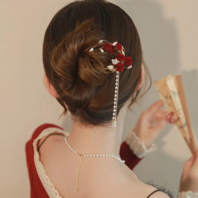 贯古今 玫瑰流苏高级感敬酒服新娘盘发器 合金 发簪 女款