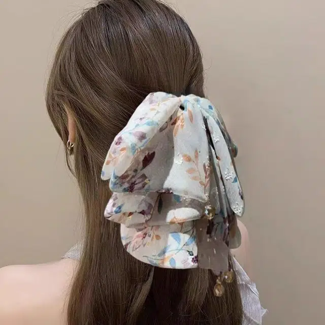 贯古今 碎花蝴蝶结飘带抓夹高级感马尾后脑勺鲨鱼夹子#好运 布艺 发夹 女款
