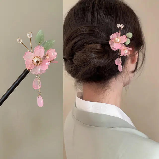 贯古今 旗袍新中式古风花朵流苏高级感简约现代汉服步摇 木制 发簪 女款