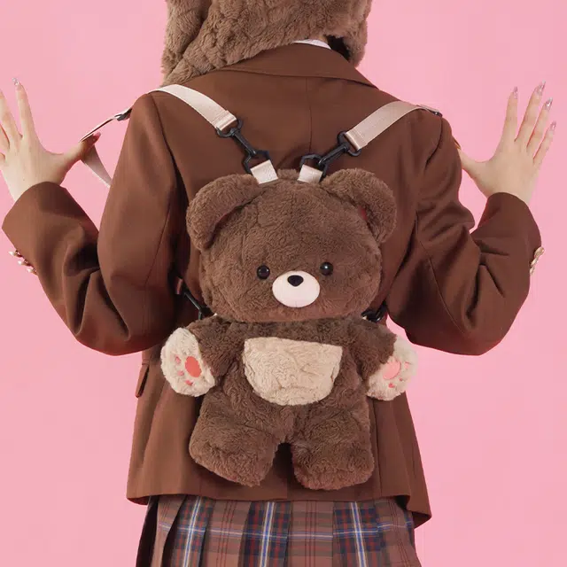 抱竹 小熊搪胶玩偶卡通可爱设计休闲简约百搭 涤纶（聚酯纤维） 双肩包 中号 女款 棕色