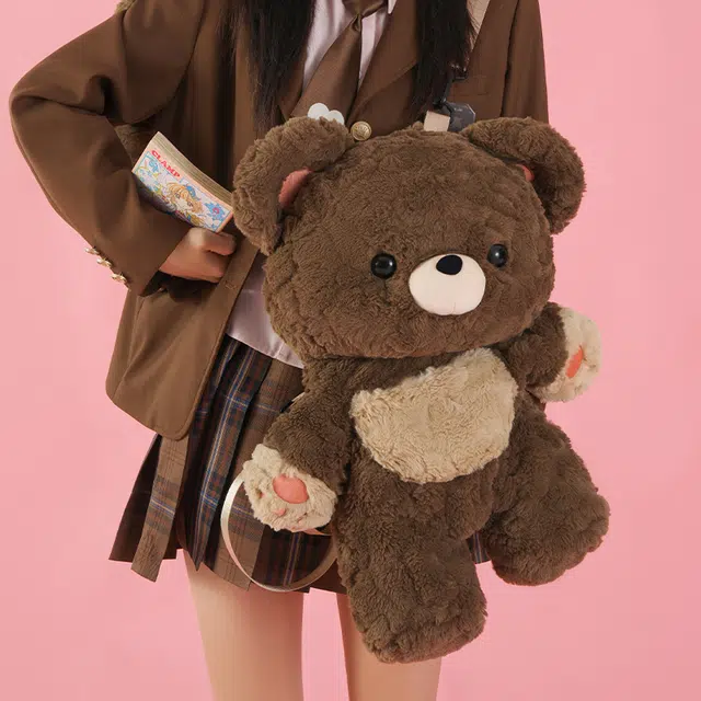 抱竹 古力古力 软萌棕熊玩偶系列 爱心熊大容量可爱背包 毛绒 双肩包  常规 男女同款情侣款 棕色