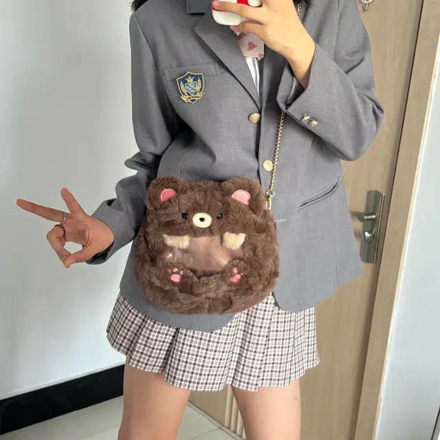 抱竹 古力古力 小熊古力可爱百搭痛包 聚酯纤维 斜挎包 常规 男女同款情侣款 咖色