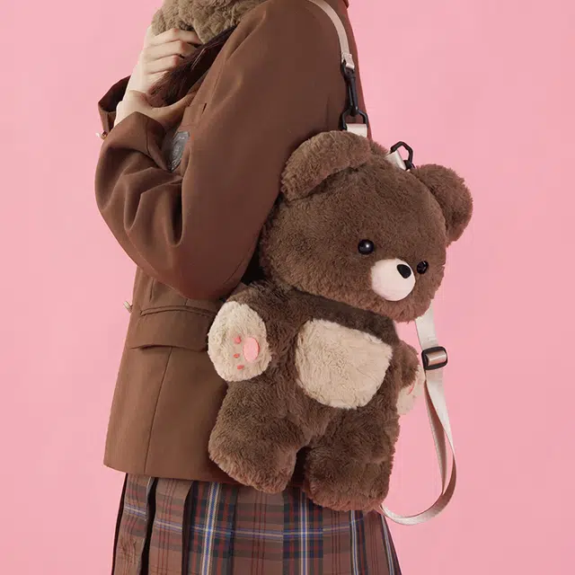 抱竹 小熊搪胶玩偶卡通可爱设计休闲简约百搭 涤纶（聚酯纤维） 双肩包 中号 女款 棕色