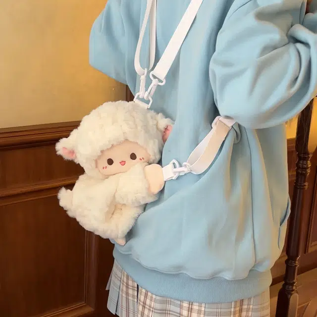 抱竹 古力古力 小羊和三花猫玩偶趴趴包 可爱百搭卡通包包 聚酯纤维 双肩包 中号 男女同款情侣款 白色