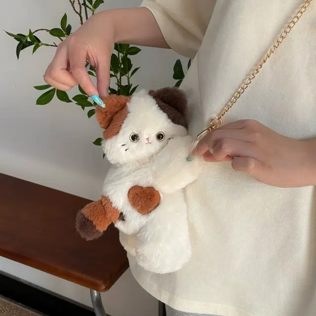 抱竹 古力古力 三花猫趴趴可爱日常百搭 聚酯纤维 斜挎包 小号 女款 白色