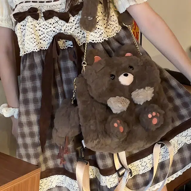 抱竹 古力古力 小熊猫玩偶翻盖系列 可爱卡通 聚酯纤维 双肩包 常规 男女同款情侣款 棕咖色