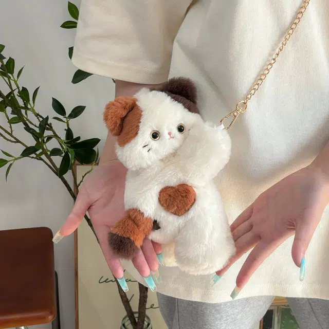 抱竹 古力古力 三花猫趴趴可爱日常百搭 聚酯纤维 斜挎包 小号 女款 白色