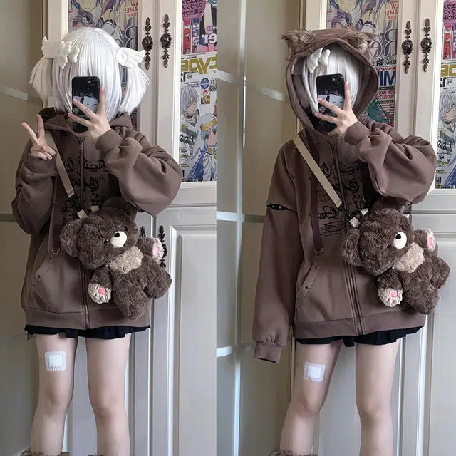 抱竹 小熊搪胶玩偶卡通可爱设计休闲简约百搭 涤纶（聚酯纤维） 双肩包 中号 女款 棕色