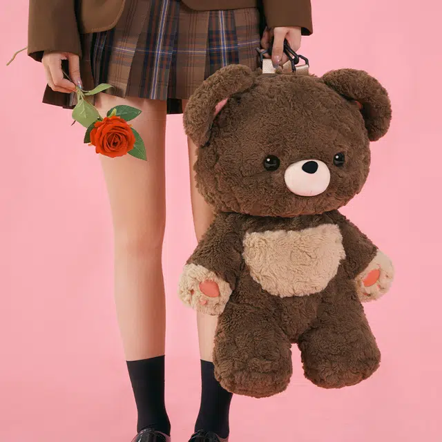 抱竹 古力古力 软萌棕熊玩偶系列 爱心熊大容量可爱背包 毛绒 双肩包  常规 男女同款情侣款 棕色