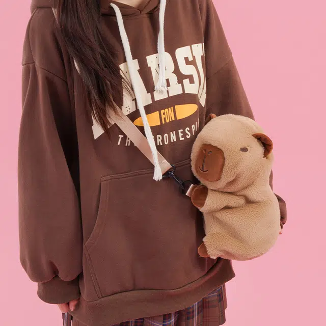 抱竹 古力古力 卡皮巴拉玩偶 可爱日常百搭 毛绒 双肩包 常规 男女同款情侣款 浅棕色