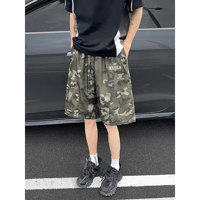 煦加 美式简约尼龙迷彩网纱工艺运动速干宽松工装短裤夏季男款潮牌休闲抽绳直筒五分裤休闲短裤 男女同款