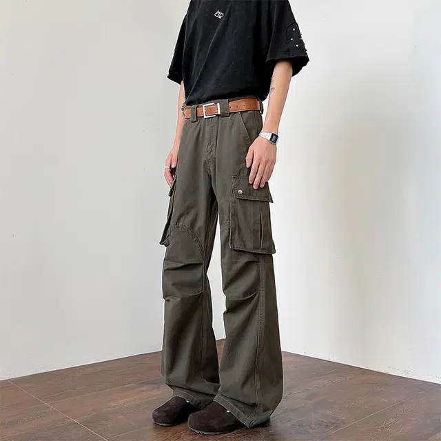 煦加 美式潮牌膝盖褶皱口袋微喇伞兵裤百搭复古工装松潮流痞帅牛仔裤 男女同款
