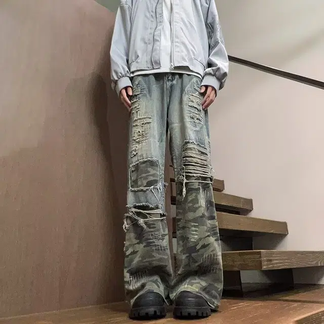 煦加 美式复古高街拼接迷彩破洞潮牌宽松休闲日常百搭痞帅街头直筒拉链牛仔裤 男女同款 蓝色