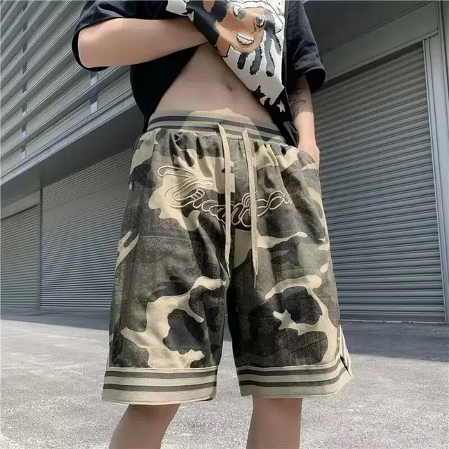 煦加 美式复古舒适百搭刺绣腰果花时尚高街嘻哈风迷彩五分裤工装潮牌潮流夏季直筒休闲短裤 男女同款