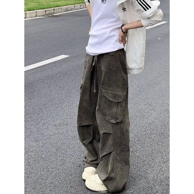 煦加 美式复古废土风迷彩工装裤百搭大口袋嘻哈阔腿裤痞帅高级感裤子微喇叭宽松休闲直筒牛仔裤 男女同款