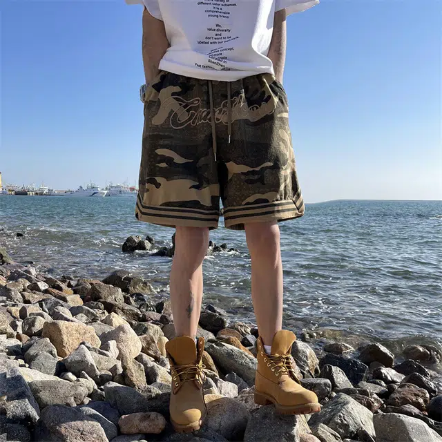 煦加 美式复古舒适系带百搭时尚宽松五分休闲短裤 男女同款 迷彩