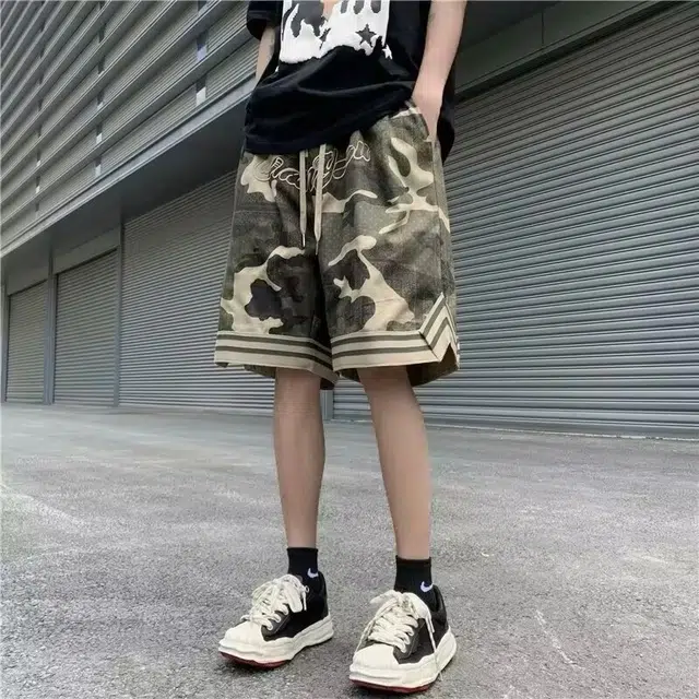 煦加 美式复古舒适百搭刺绣腰果花时尚高街嘻哈风迷彩五分裤工装潮牌潮流夏季直筒休闲短裤 男女同款