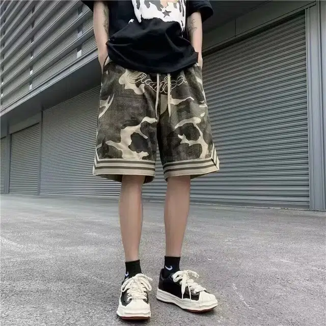煦加 美式复古舒适百搭刺绣腰果花时尚高街嘻哈风迷彩五分裤工装潮牌潮流夏季直筒休闲短裤 男女同款