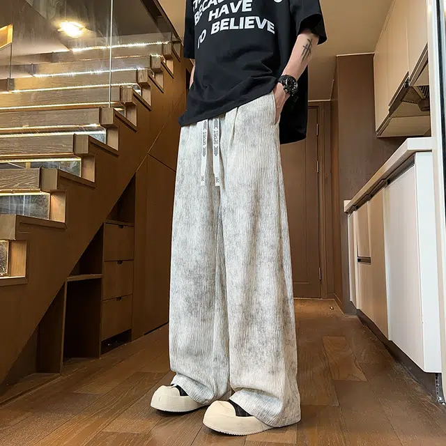 煦加 泡泡纱褶皱肌理感垂感脏脏扎染冰丝薄款透气时尚百搭造型直筒休闲裤 男女同款
