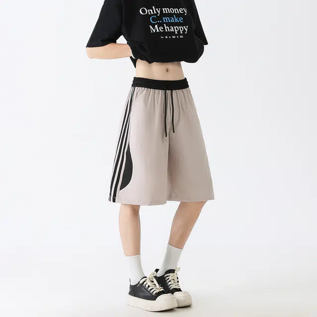 泰迪熊 美式复古高街系带拼接弧形撞色侧边条纹降温宽松五分休闲短裤 男女同款