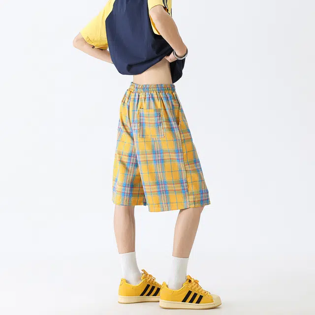 泰迪熊 美式复古高街学院风格子撞色宽松系带直筒五分休闲短裤 男女同款 黄色