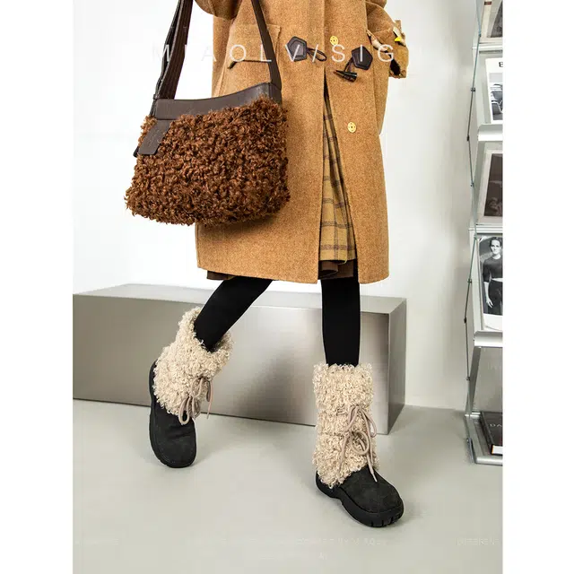 妙侣 牛反绒 保暖耐磨增高防滑 时尚潮流百搭 中筒 雪地靴 女