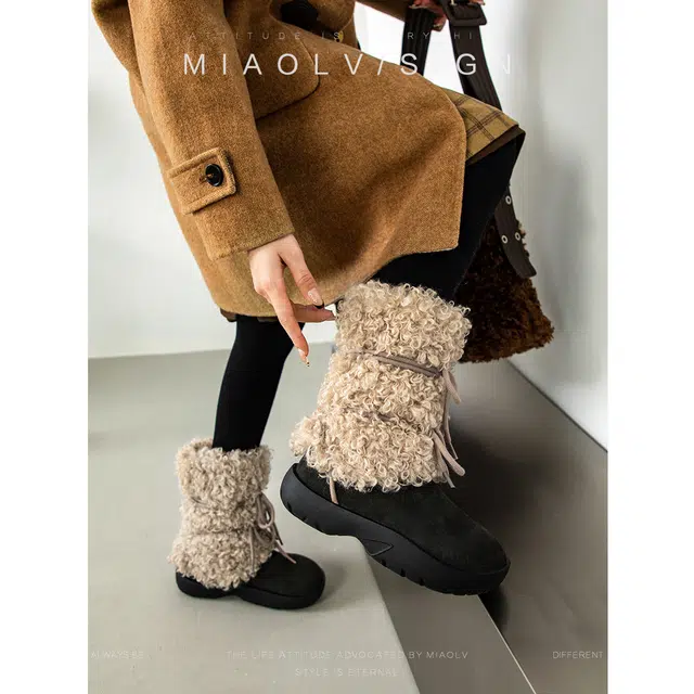 妙侣 牛反绒 保暖耐磨增高防滑 时尚潮流百搭 中筒 雪地靴 女