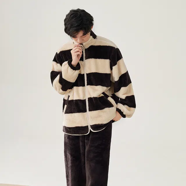 安之伴 锁温保暖加绒加厚秋冬睡衣条纹立领开衫家居套装 男款 巧克力色