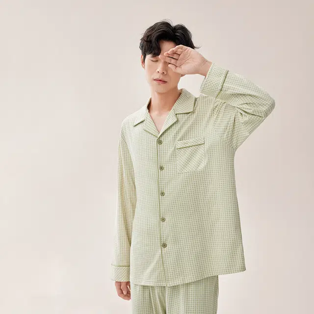 安之伴 春秋纯棉长袖睡衣针织棉简约格纹休闲开衫家居套装 男款 嫩竹绿