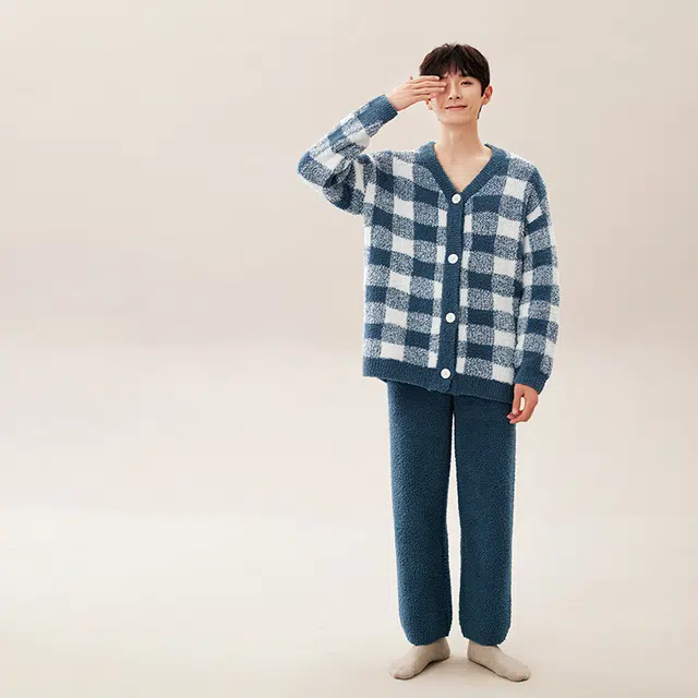 安之伴 秋冬睡衣保暖半边绒加厚格纹开衫百搭家居套装 男款 蓝色