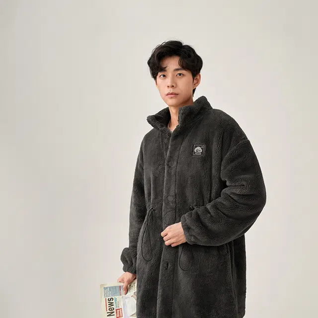 安之伴 秋冬睡衣双面绒锁温保暖加绒加厚立领开衫家居套装 男款 深灰