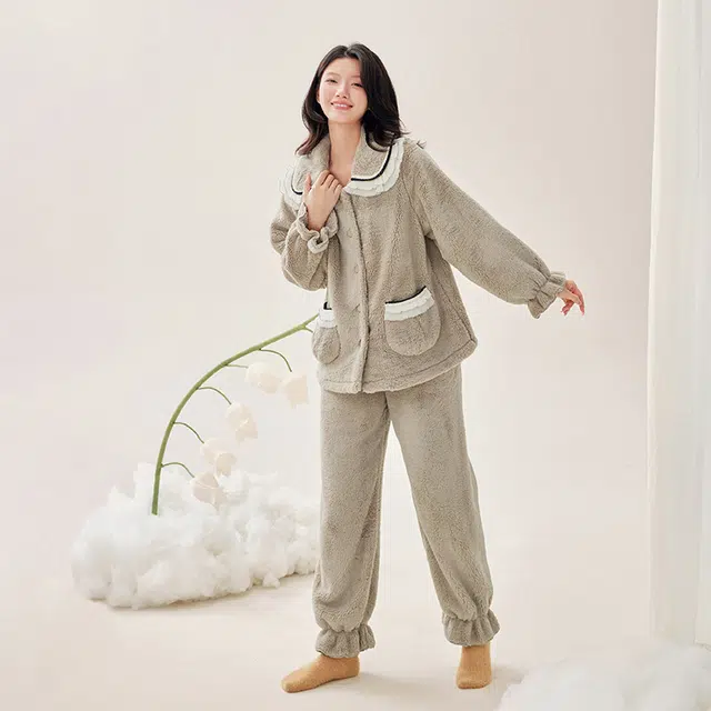安之伴 锁温保暖加绒加厚睡衣秋冬娃娃领甜美高级感家居套装 女款 沥青灰