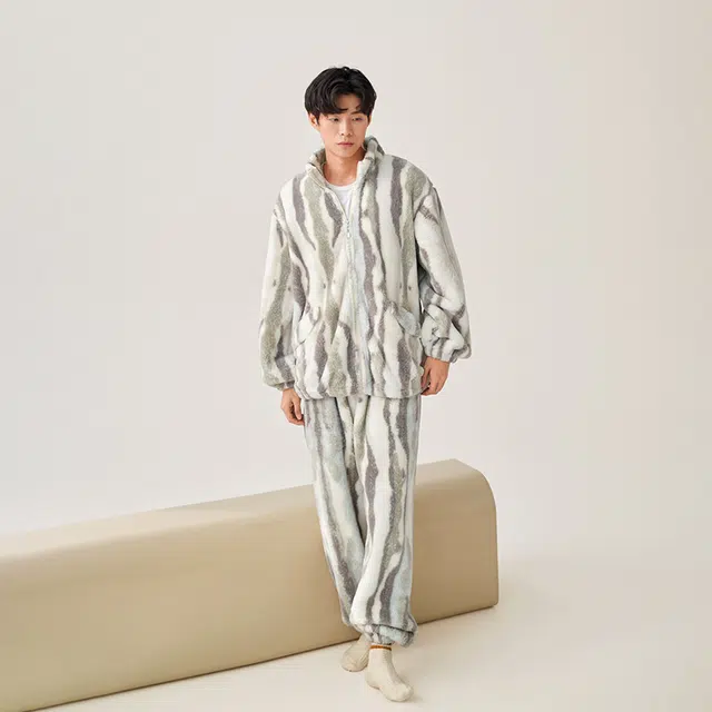 安之伴 秋冬睡衣锁温保暖加绒加厚艺术条纹立领拉链开衫家居套装 男款 灰褐紫