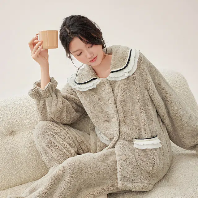 安之伴 锁温保暖加绒加厚睡衣秋冬娃娃领甜美高级感家居套装 女款 沥青灰