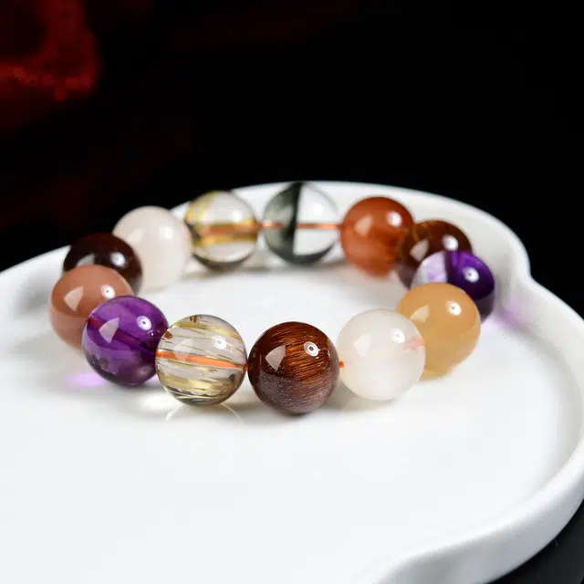 祥燕 高端孤品十八籽多宝搭配绿幽灵金铜发晶招财转运串 水晶 手串 男女同款情侣款