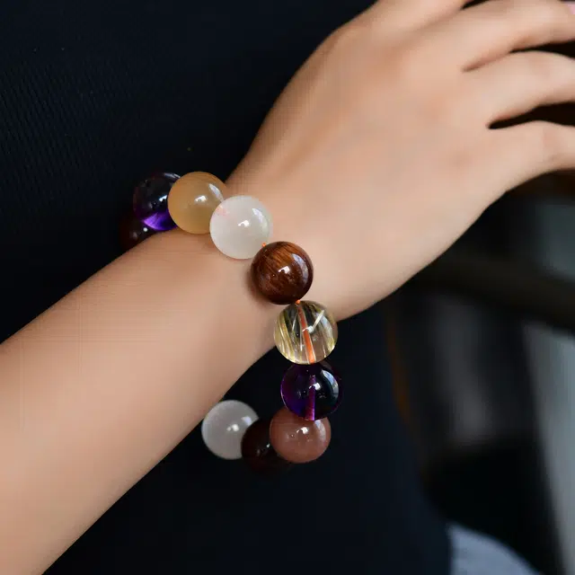 祥燕 高端孤品十八籽多宝搭配绿幽灵金铜发晶招财转运串 水晶 手串 男女同款情侣款