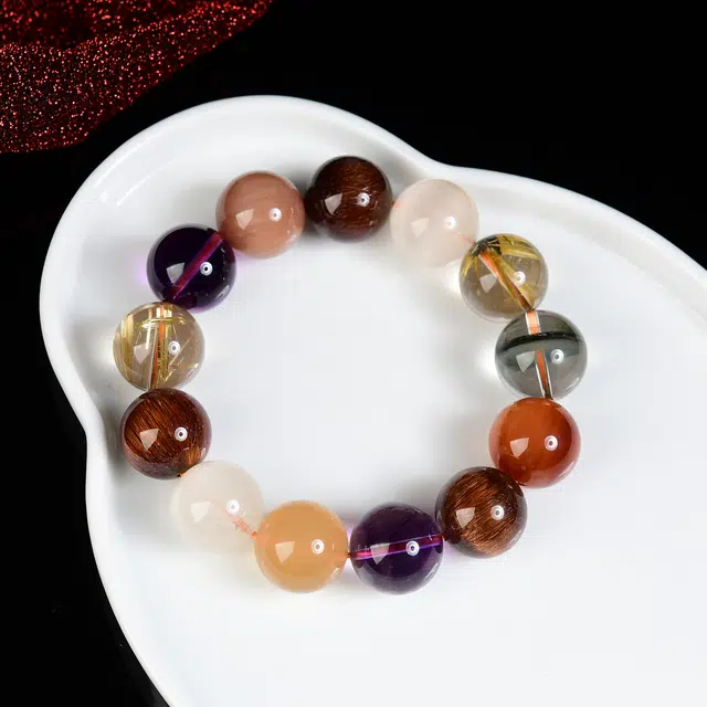 祥燕 高端孤品十八籽多宝搭配绿幽灵金铜发晶招财转运串 水晶 手串 男女同款情侣款