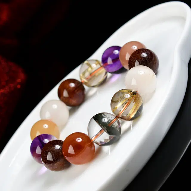 祥燕 高端孤品十八籽多宝搭配绿幽灵金铜发晶招财转运串 水晶 手串 男女同款情侣款