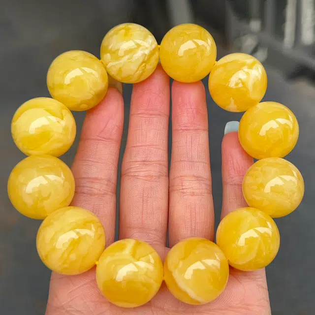 祥燕 新中式国潮大尺寸文玩焦皮料鸡油黄妖花蜜纹圆珠好运 琥珀蜜蜡 名贵玉石手串 男女同款情侣款