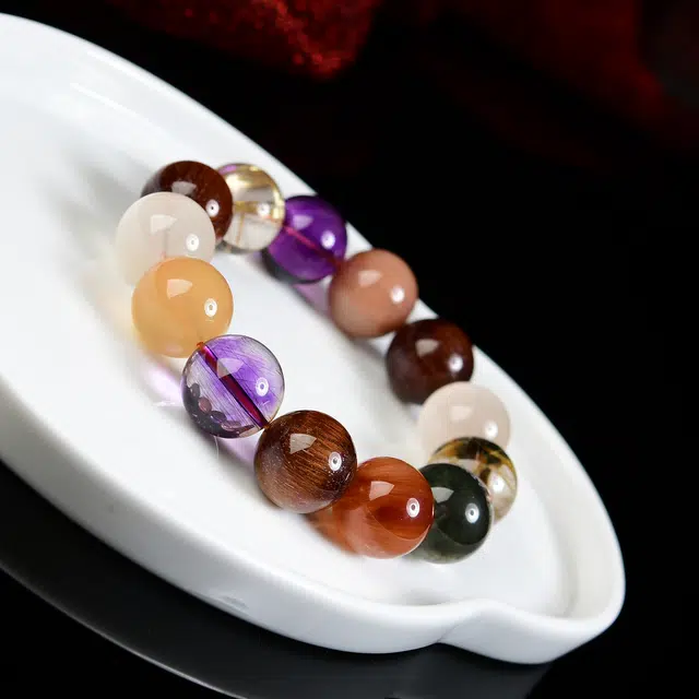 祥燕 高端孤品十八籽多宝搭配绿幽灵金铜发晶招财转运串 水晶 手串 男女同款情侣款