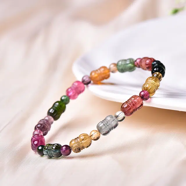 祥燕 设计款新中式国潮高级感净体彩虹碧玺转运珠 水晶 手串 男女同款情侣款