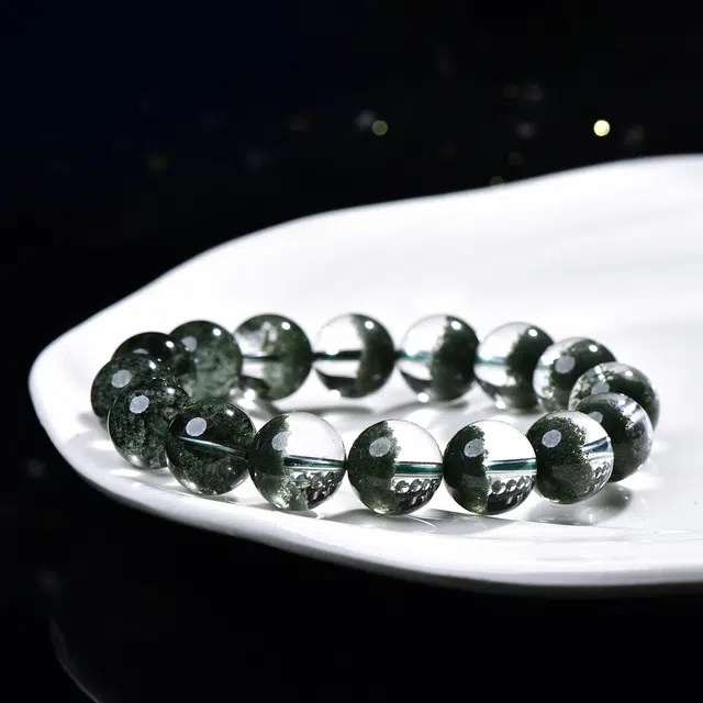 祥燕 收藏孤品 新中式 国潮 高透净体颗颗半盆绿幽灵聚宝盆转运珠 水晶 手串 男女同款情侣款