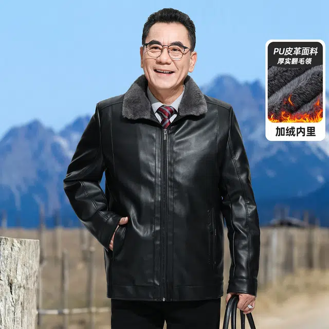 老爷车 冬装加绒加厚翻领上衣皮夹克一体毛保暖防风外套皮衣 男款