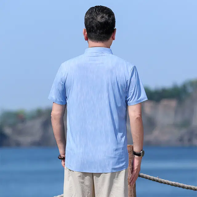 老爷车 夏季冰丝凉感短袖男士休闲透气翻领纯色薄款上衣花衬衫 男款